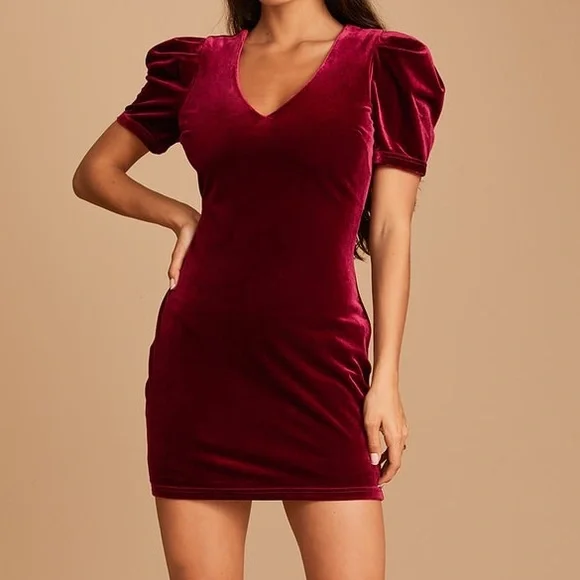 strapless open back dress Fit and Flare Long Sleeve Deep Red Velvet Party Dress  misaislestyle